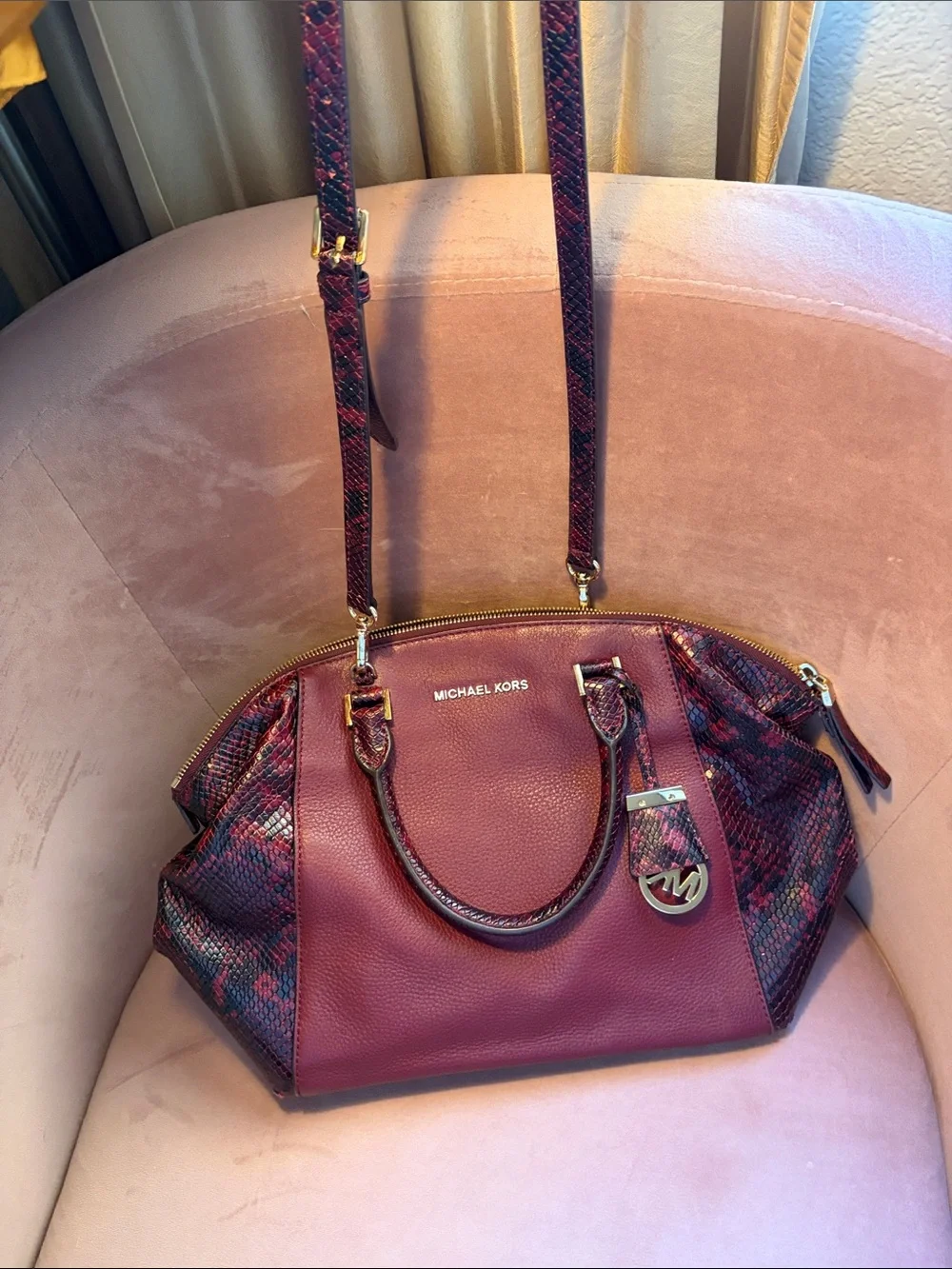 Michael Kors Burgundy Python Embossed Satchel Bag | Excellent Condition - Picture 7 of 8